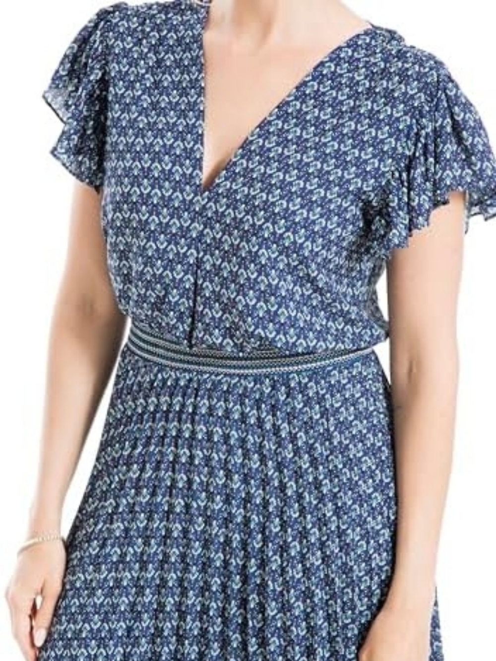Max Studio Women's Navy Blue Printed Flutter-Sleeve Top